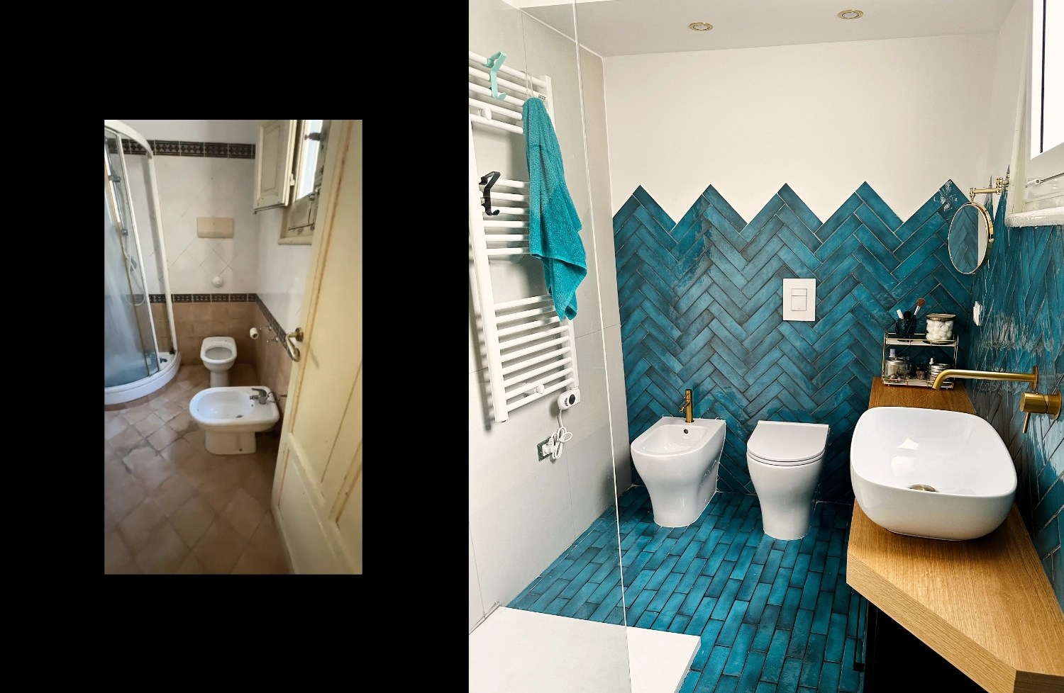 The bathroom, before and after. Walk-in shower, built-in cabinet and custom made beech counter.