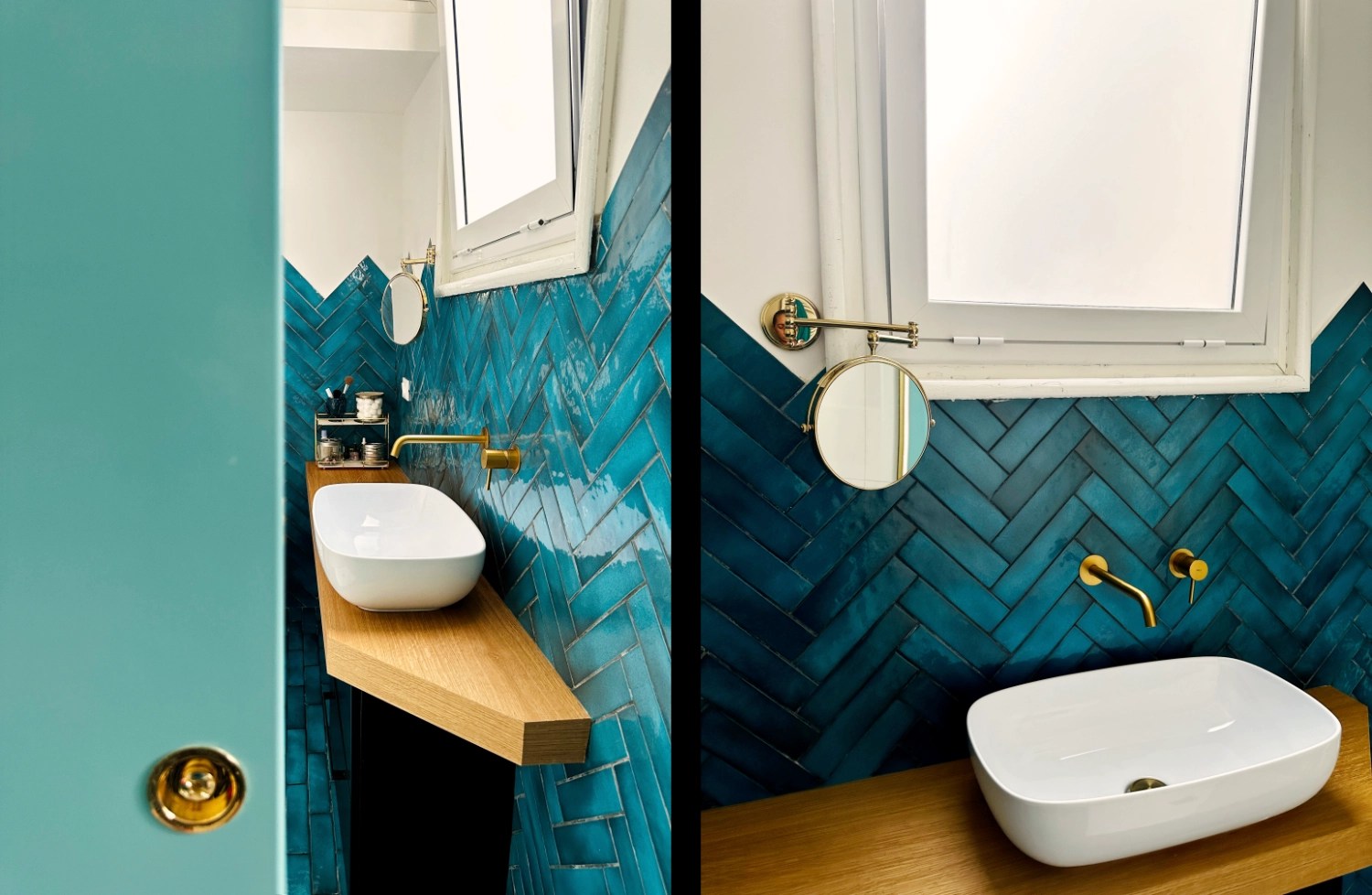 Cold, calming colors and energizing warm accents. The sliding pocket door to the bathroom is custom made.