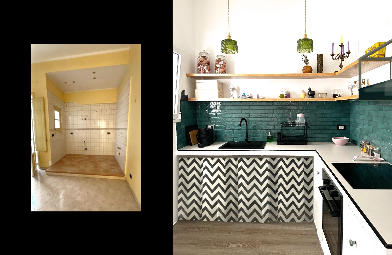 The fitted kitchen, before and after. Beech shelves and custom designed iron hood frame.