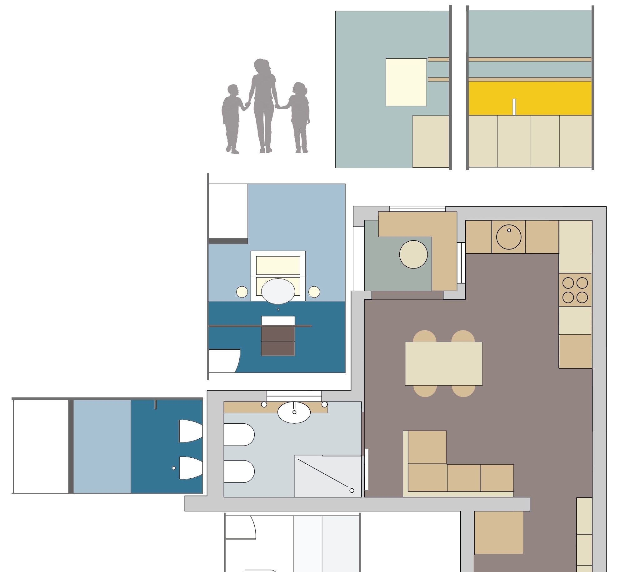 Plan detail with elevations, showing the living room, kitchen, bathroom and veranda.